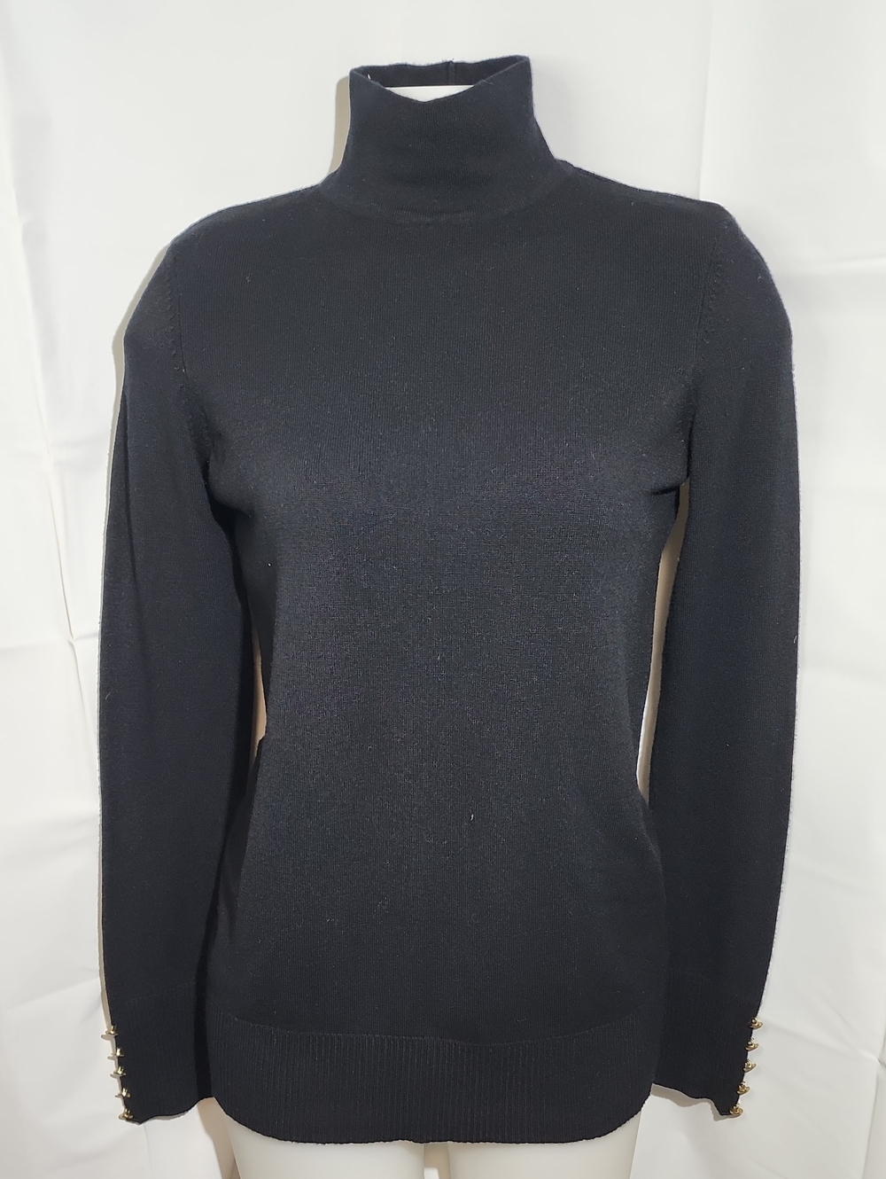le chateau Black Turtleneck Sweater with Gold Button Cuffs- Medium